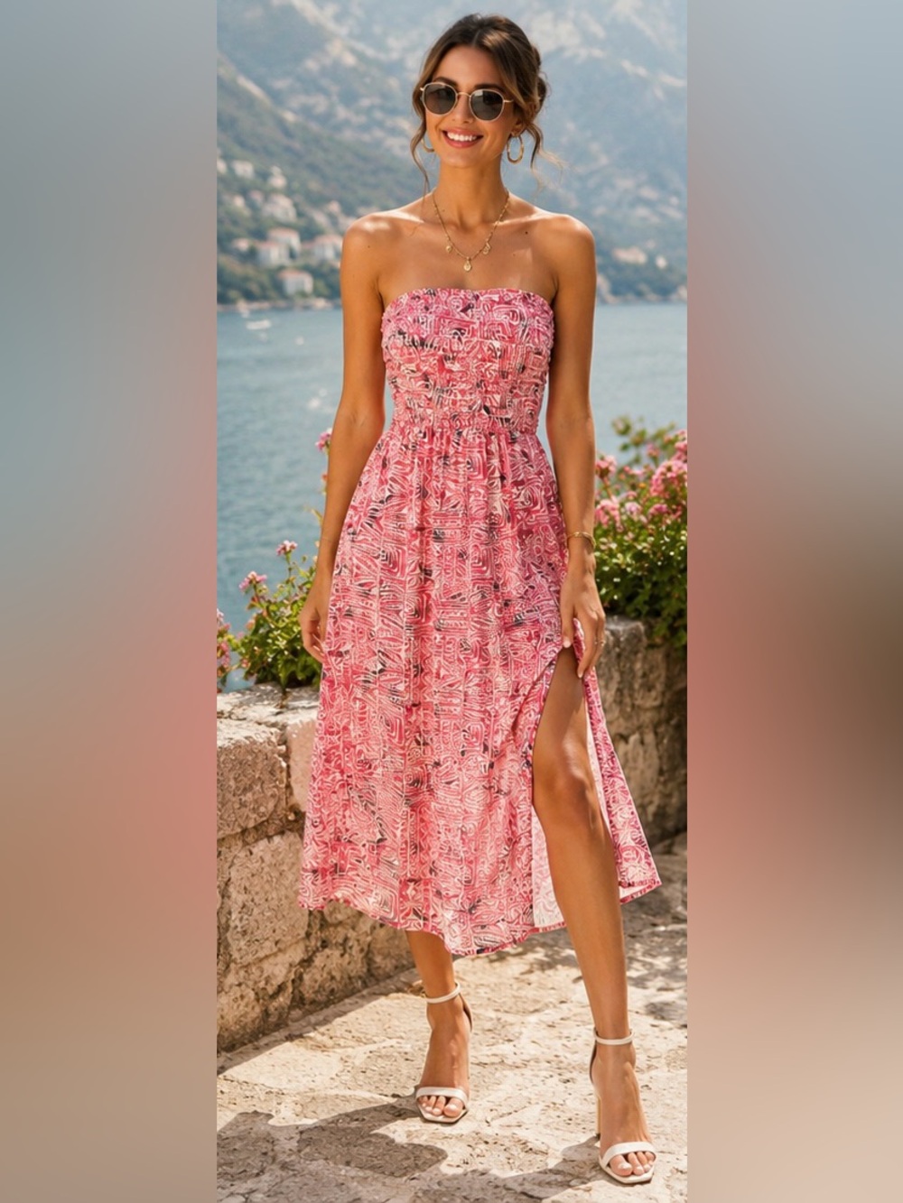 Strapless Pink Printed Maxi Dress
